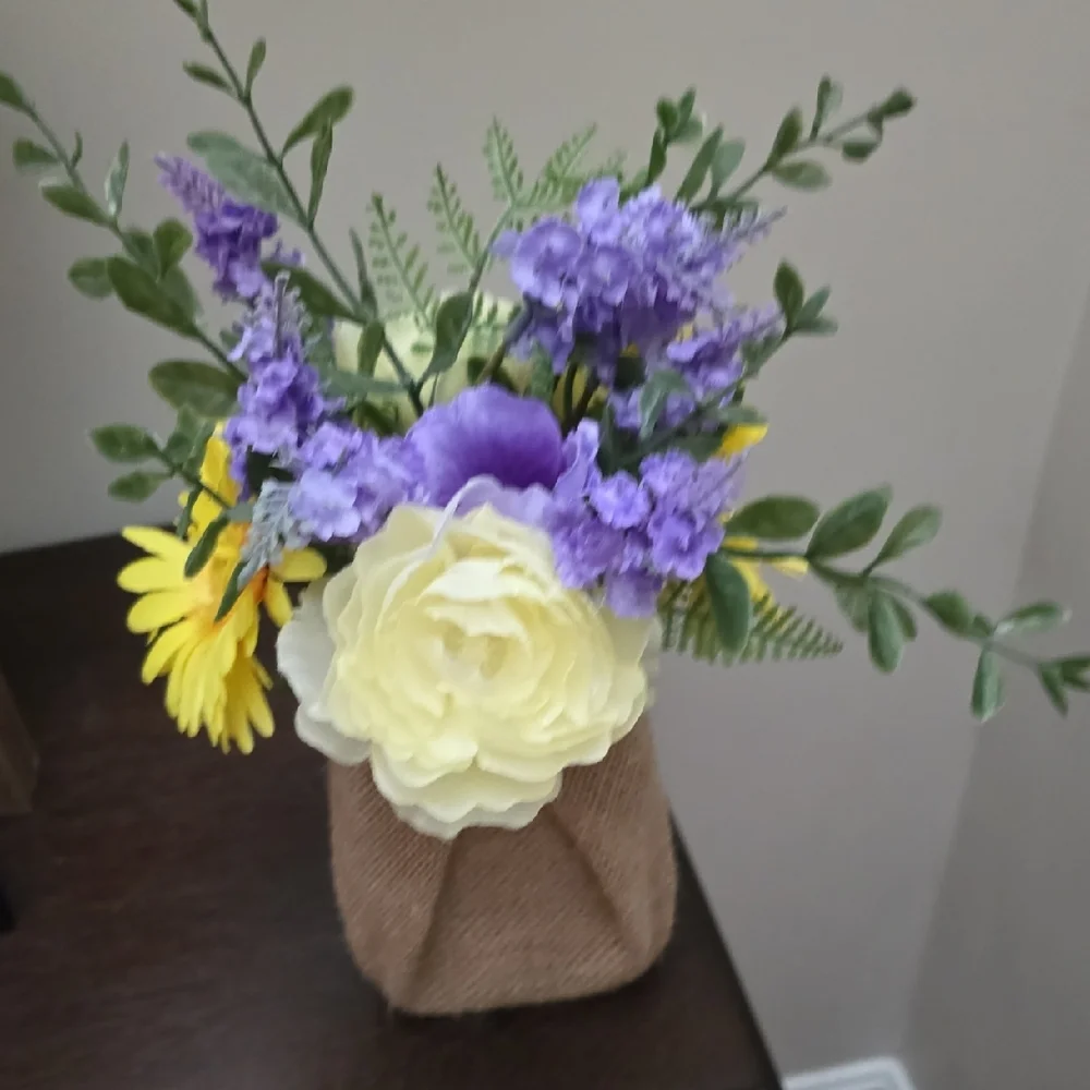 Rustic Floral Arrangement with Yellow and Purple Accents